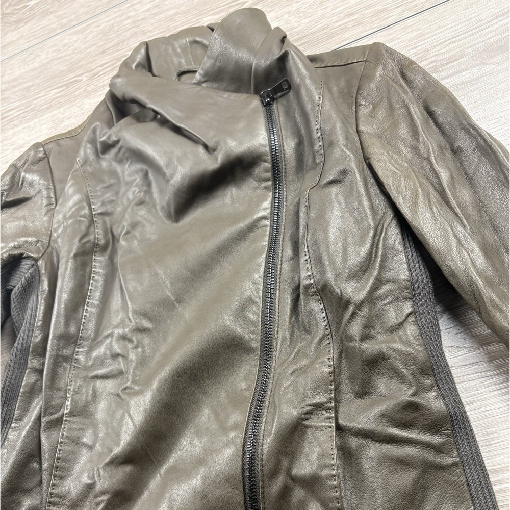 Vince Womens Leather Jacket Scuba Asymmetrical Knit Trim Olive Green XS